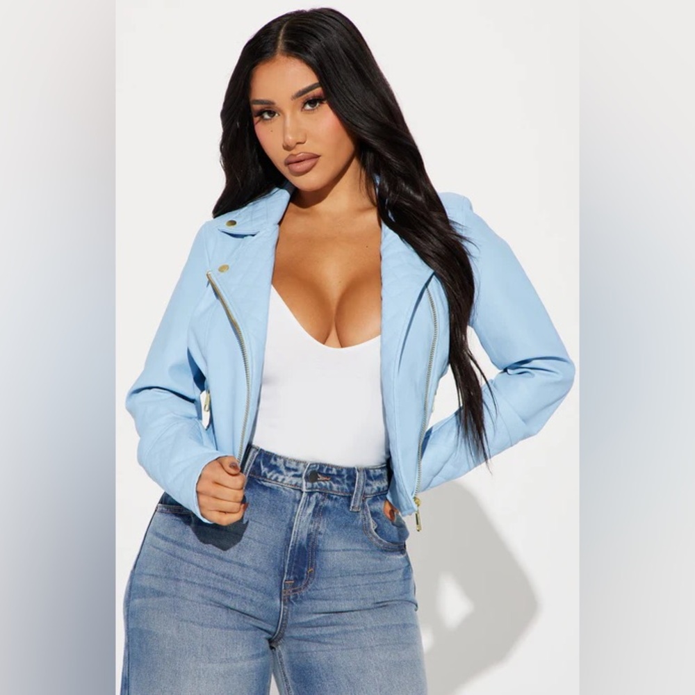 Fashion Nova Light Blue Cropped Moto Jacket